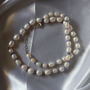 White Freshwater Pearl and Tanzanite 20 Ctw Moon Over Indigo Necklace 18 Inches